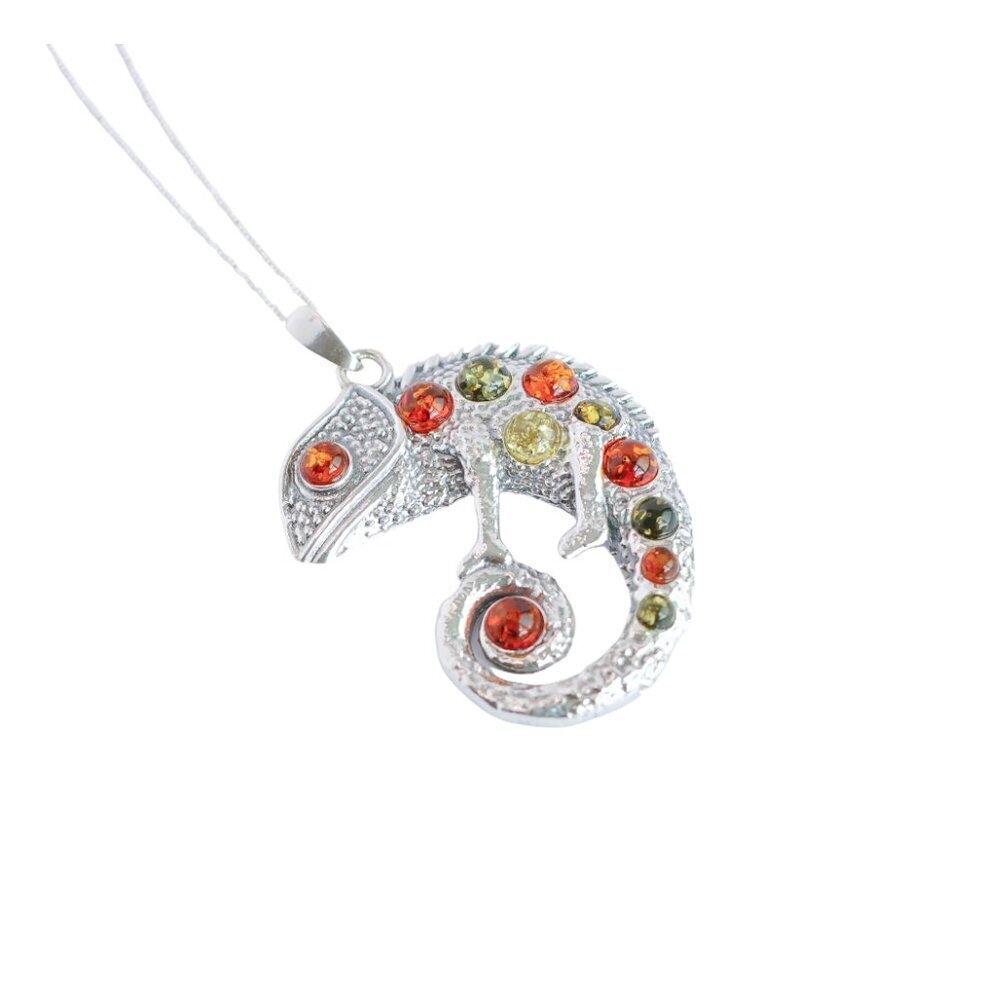 Baltic Amber Sterling Silver Chameleon Pendant Necklace - Picture 2 of 5